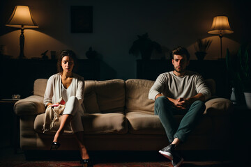 Angry frustrated tired couple sitting separately on home couch in silence, looking away, ignoring, thinking over relationship problems, divorce, breakup, marriage crisis - obrazy, fototapety, plakaty