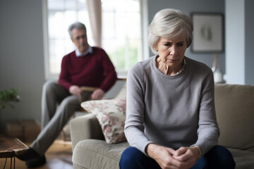 Fototapeta na wymiar Angry frustrated tired senior couple sitting separately on home couch in silence, looking away, ignoring, thinking over relationship problems, divorce, breakup, marriage crisis