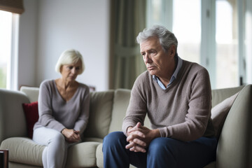 Angry frustrated tired senior couple sitting separately on home couch in silence, looking away, ignoring, thinking over relationship problems, divorce, breakup, marriage crisis