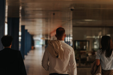 Business people walking in a big shopping center after work