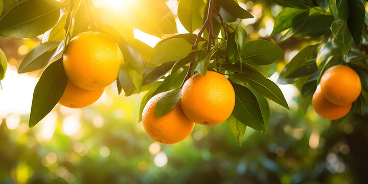 Ripe orange citrus grove stock, Sunlight orange trees orchard overgrown yellow orange citrus, Orange Tree Sun Pictures, generative AI
