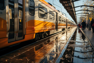 Obraz premium public transport concept. empty train in subway with light in platform.
