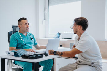 A doctor examines a young patient's x-ray for asthma or bronchitis in a medical office.