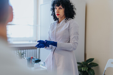 In a clinic, a doctor checks vitals and performs examinations, including blood pressure, blood sugar, and hearing test.