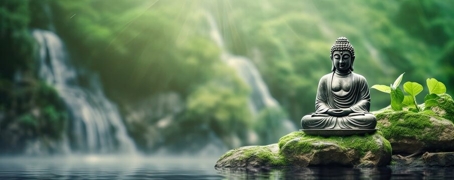 Little Buddha statue in blurred green bamboo zen jungle, friendly