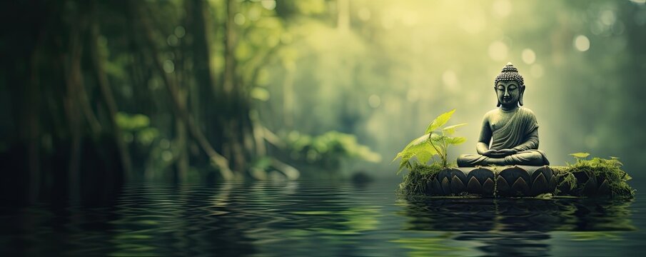 Buddha statue on the shore of a lake in bamboo forest.