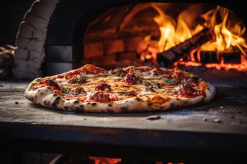 Foto op Plexiglas rustic wood-fired pizza oven in action, with flames dancing around the pizza as it bakes to perfection, emphasizing the authenticity and flavor of pizzaiola cooking © forenna