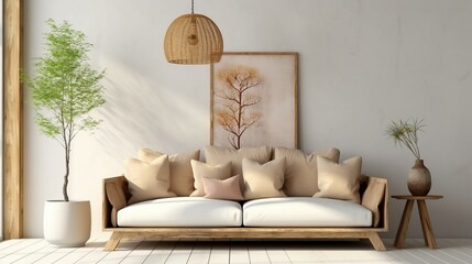 Rustic interior design of modern living room with beige fabric sofa and cushions.