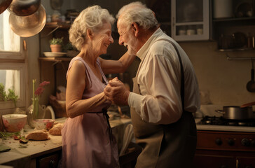 happy senior couple dancing in kitchen