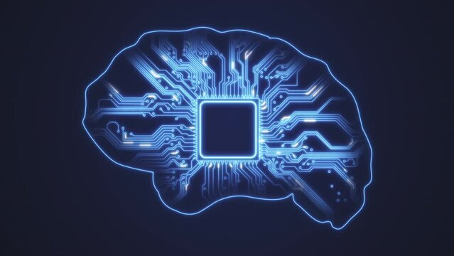 Abstract human brain with an electronic chip inside. Electrical impulses traveling through the dendrites from the cerebral cortex to the chip and back. Printed circuit board with printed conductors. L