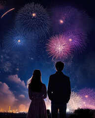 Fototapeta na wymiar A woman and a man watch beautiful bright fireworks. Silhouettes of couples against the backdrop of festive fireworks.
