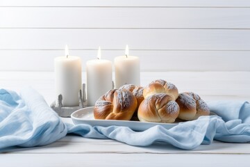 Homemade challah braided bread for Sabbath holiday on light wooden background with candles. Jalá - vegetarian and Jewish traditional food. Sabbath kiddush ceremony composition with copy space - obrazy, fototapety, plakaty