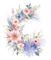 Obraz na płótnie Canvas Cute watercolor illustration isolated on white background. Flower frame in the shape, bright colors, graceful plants.