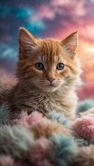Dreamy Kitten with Colorful Clouds. Generative Ai