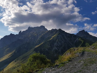 Tranquil mountain lake with forest and snow-capped mountains
