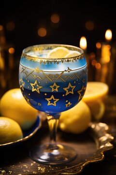 Blue cocktail in glass with stars for Hanukkah on dark background with golden lights and candle. Jewish holiday Chanukah concept. Alcoholic blue lagoon with ice cubes, blue curacao liquor, vodka, soda