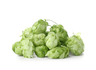 Heap of fresh green hops on white background