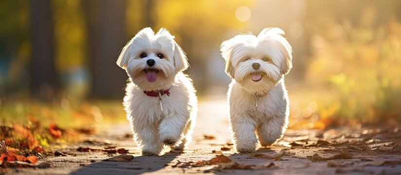 Shih Tzu and Bichon Frise dog walking outside in the sun