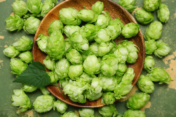 Wooden plate with fresh green hops and leaf on color background