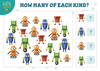How many of each kind cartoon robot kids counting game vector illustration