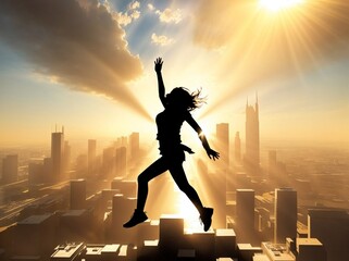 girl silhouette jumping between buildings with sun rays behind it , freedom concept 