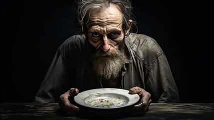 homem desnutrido com prato vazio, retrato da fome dramático  - obrazy, fototapety, plakaty