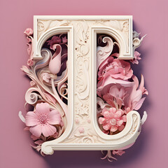 The Capital letter T in serif font made by art nouveau style in pink flower background