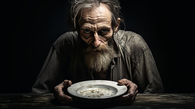 homem desnutrido com prato vazio, retrato da fome dramático 