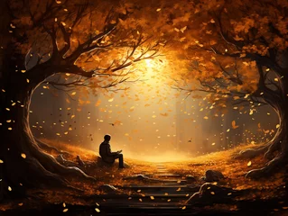Rolgordijnen A Surreal Illustration of a Solitary Figure Reading a Book Under a Tree with Leaves Turning Gold © Nathan Hutchcraft