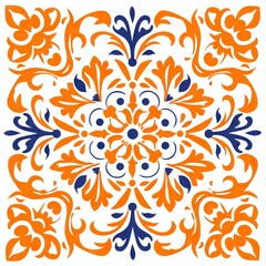 Ethnic folk ceramic tile in talavera style with orange and blue floral ornament. Italian pattern, traditional Portuguese and Spain decor. Mediterranean porcelain pottery isolated on white background