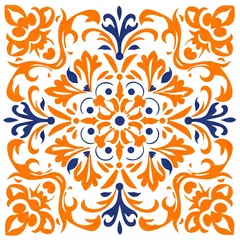 Abwaschbare Fototapete Portugal Keramikfliesen Ethnic folk ceramic tile in talavera style with orange and blue floral ornament. Italian pattern, traditional Portuguese and Spain decor. Mediterranean porcelain pottery isolated on white background