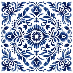Behang Portugese tegeltjes Ethnic folk ceramic tile in talavera style with navy blue floral ornament. Italian pattern, traditional Portuguese and Spain decor. Mediterranean porcelain pottery isolated on white background