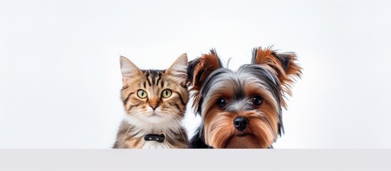Closeup portrait of a Scottish Straight cat and Yorkshire terrier isolated on white