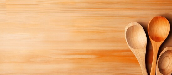 Abstract food background with wooden kitchenware on a cutting board