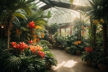 Fototapeta na wymiar Flower garden in a greenhouse with sunbeams and shadows.