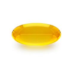 Golden oil capsule of vitamin A, E, Omega 3 or collagen. of medical pill with fish fat or organic cosmetic oil on white background - obrazy, fototapety, plakaty
