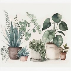 Fototapeta premium Botanical Design Watercolor Illustration Artwork, House Plants Home Wall Art, Interior Decor Prints, Home Decor Artprint