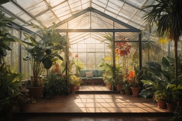 Flower garden in a greenhouse with sunbeams and shadows. - obrazy, fototapety, plakaty