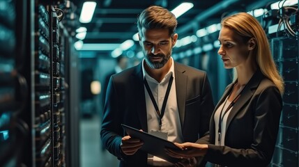 Two IT server technicians talking in a data centre and discussing software and malware system, Professional computer engineers.