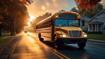 Yellow American school bus driving on city road, Back to school. - obrazy, fototapety, plakaty
