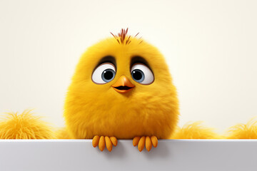 3d rendering of a cute yellow chick peeking out from behind a white board
