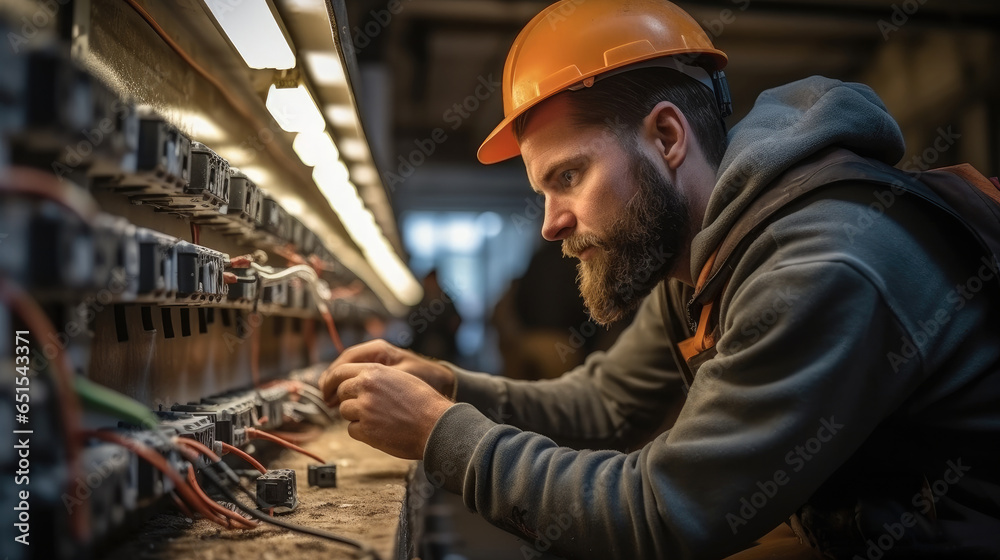 Poster electrician working on circuit breaker box at construction site.