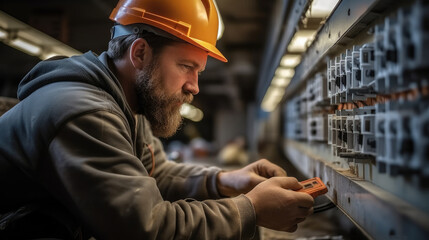 Fototapeta na wymiar Electrician working on circuit breaker box at construction site.