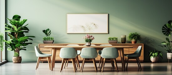 Botanical dining room with chic wooden furniture abundant greenery window map poster and modern accessories