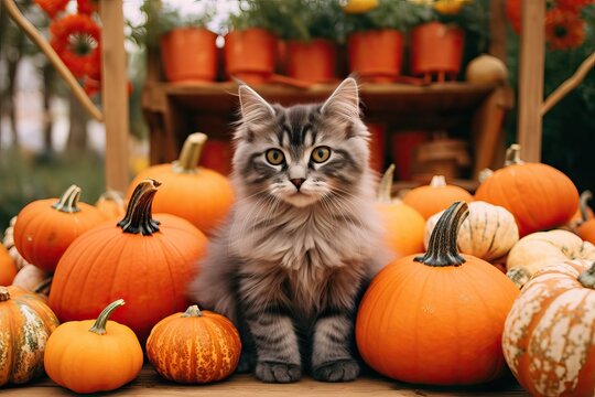 Kitten with Halloween pumpkins at autumn market background. Halloween holidays. Autumn harvest and healthy organic food. Concept of Thanksgiving day