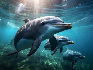 Poster Three dolphins enjoying together on the deep clear blue water and sunlight beneath the surface of water in the background © Kedek Creative