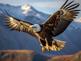 Obraz premium Eagle flying and gliding and majestic on the sky over high mountains, concept of wildlife and nature