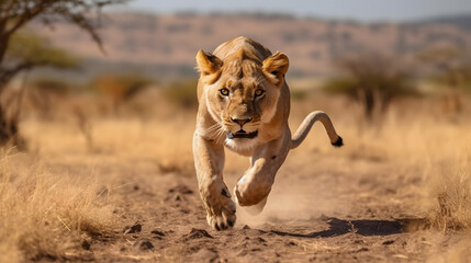 Young lioness is running with sunset shine on savana - obrazy, fototapety, plakaty