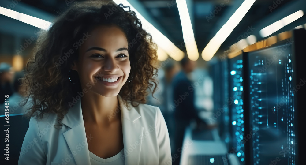Aufkleber Female IT engineer working in data center, Digital world.