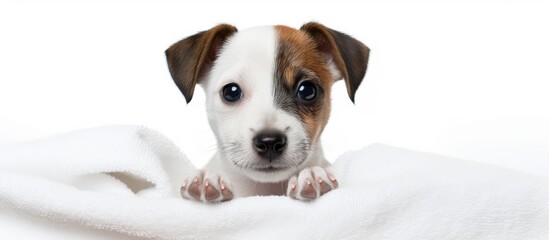 Adorable jack russell puppy with towel on head examines empty banner